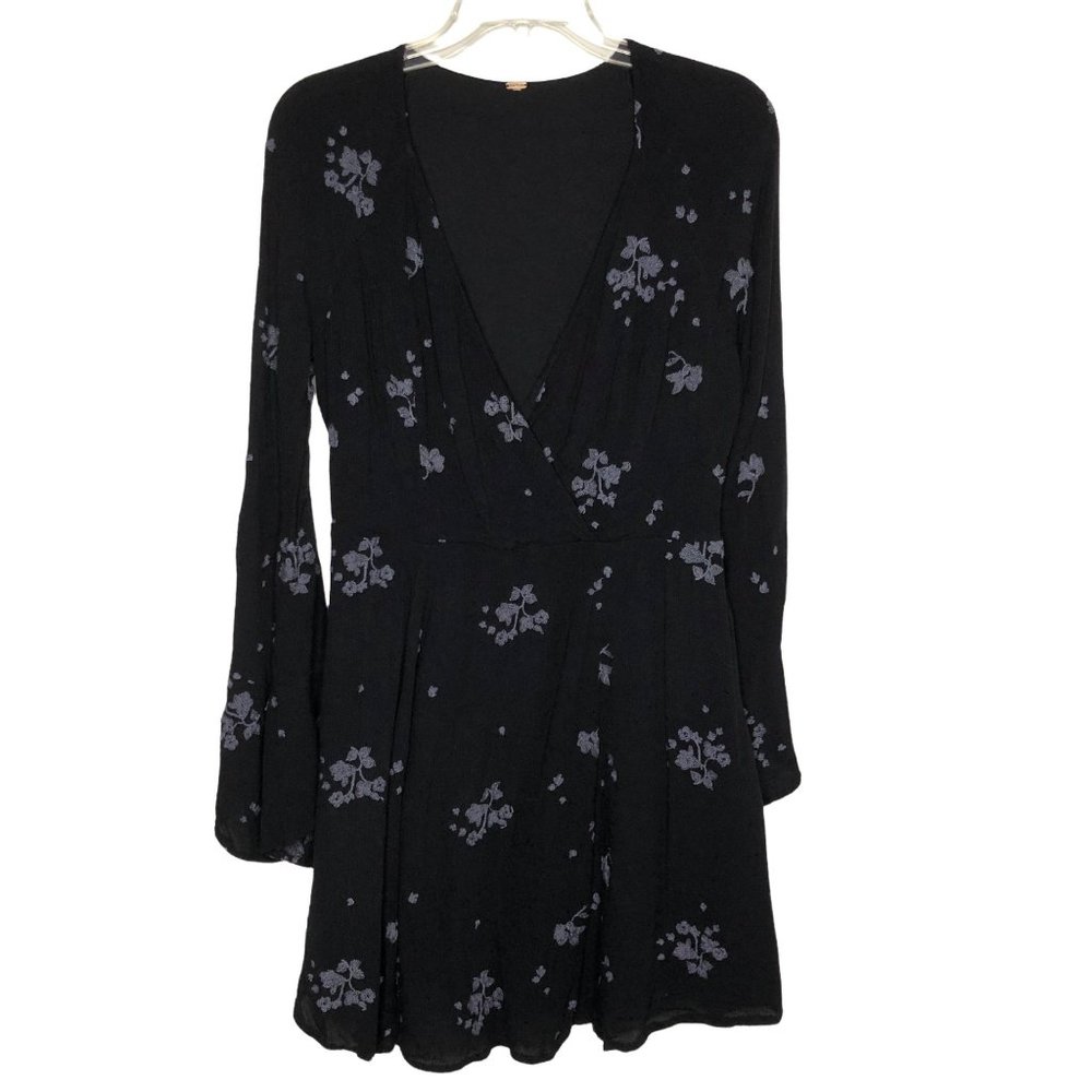 Free People Jasmine Embroidered Black Mini Dress Bell Sleeves